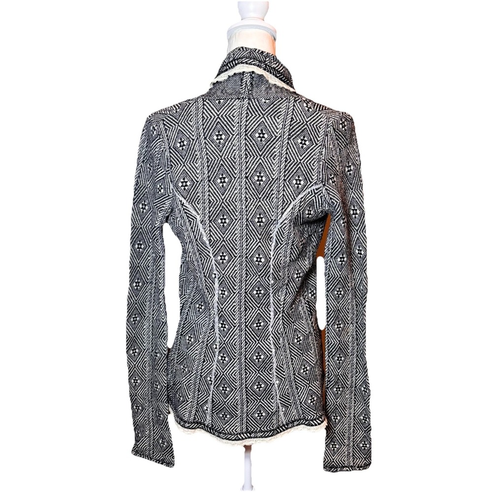 Anthropologie Sparrow Knit Cardigan  Black Cream Geometric Open Front Womens Med - Picture 2 of 6